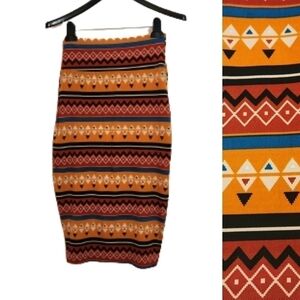 K-Too | Tribal Print High Waist Pencil Stretch Knit Skirt Orange/Red X-Small